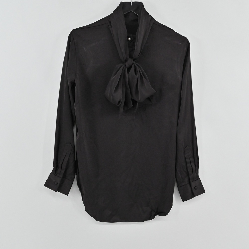 Adam Lippes Satin Tie‎ Neck Blouse Womens Size 4 Black Bow Top Old Money Preppy